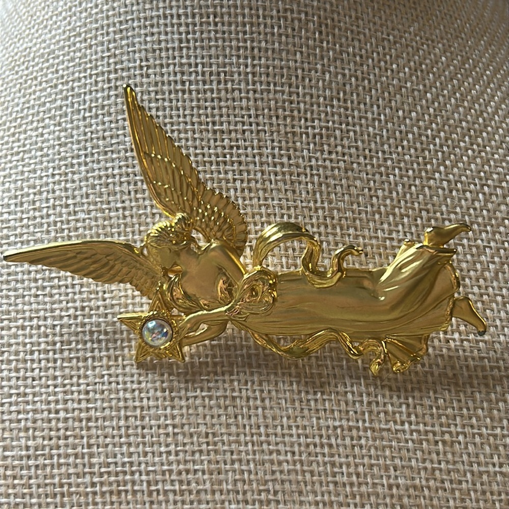 JJ Jonette Gold Fire Star Angel Goddess Figural Brooch Vintage Signed Lapel Pin